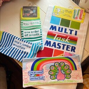 NWT Blue Q Bundle: men’s crew socks, zipper pouch, + tea towel